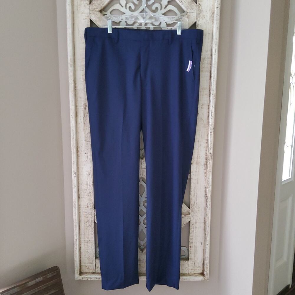 Berle Solid Blue Flat Front Trouser Dress Pants 38x33 Classic Minimal NWT